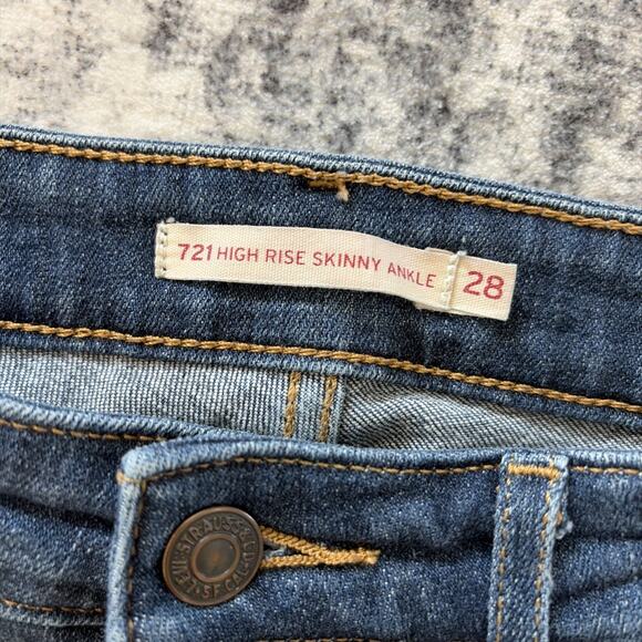 Levis 721 High Rise Skinny Jeans Womens 28 Blue Distressed Ankle Denim Stretch - Picture 5 of 12
